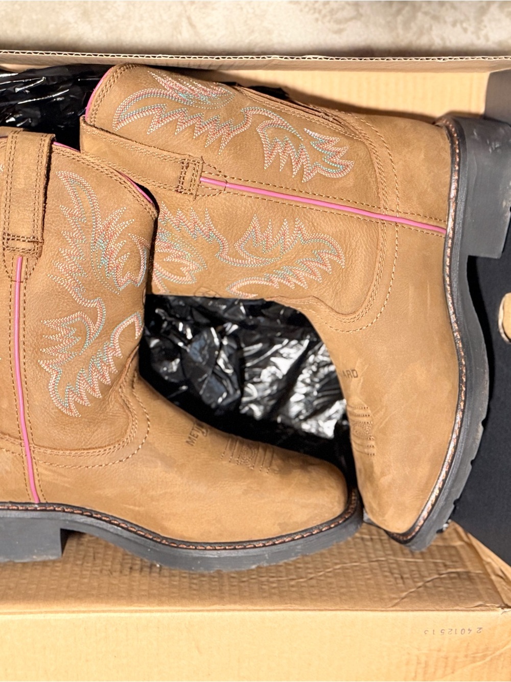 Ariat Tan Pull-On Work Boots with Pink Trim